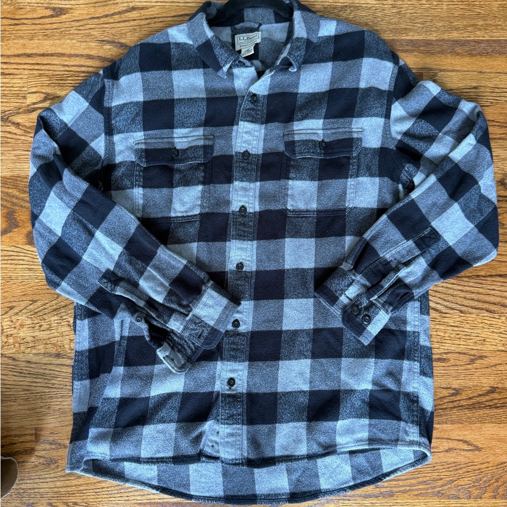 L.L. Bean Men's Black and Gray Buffalo Plaid Shirt Large